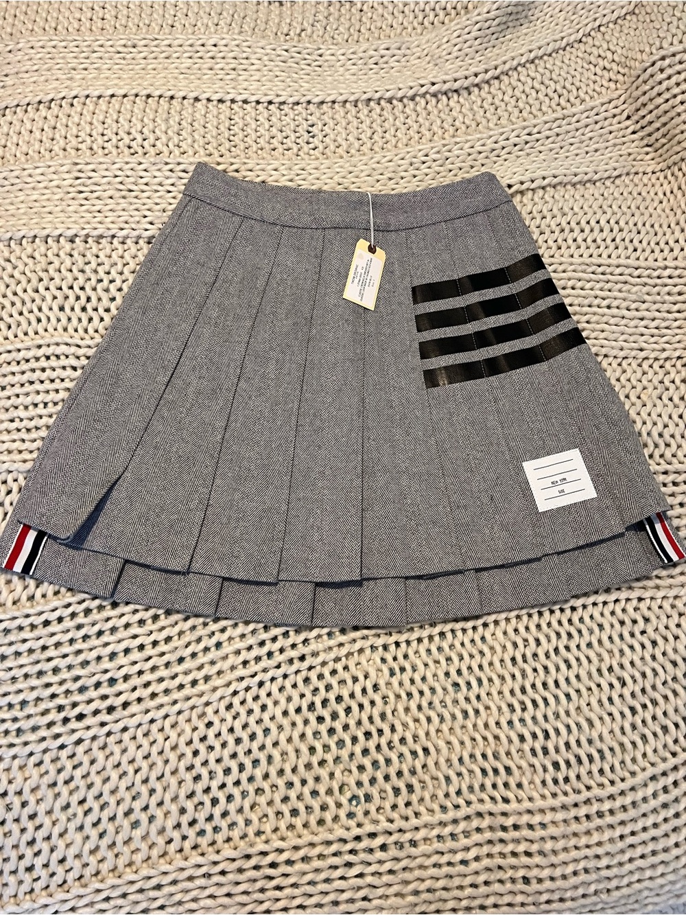 Thom Browne Gray Pleated Mini Skirt with Black Stripe Detail and Tricolor Hem